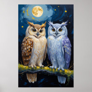 Zwei Eulen unter dem Mondlicht Nacht Wildtiermaler Poster