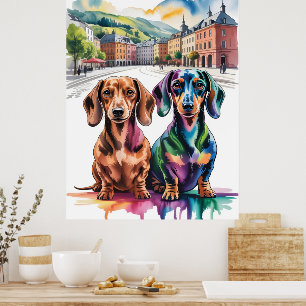 Zwei farbenfrohe Dachshunde auf einem europäischen Poster