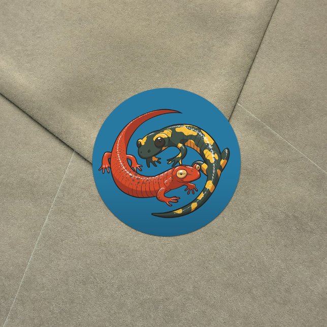 Zwei farbenfrohe Lächelnde Salamander verliefen Ca Runder Aufkleber (Von Creator hochgeladen)