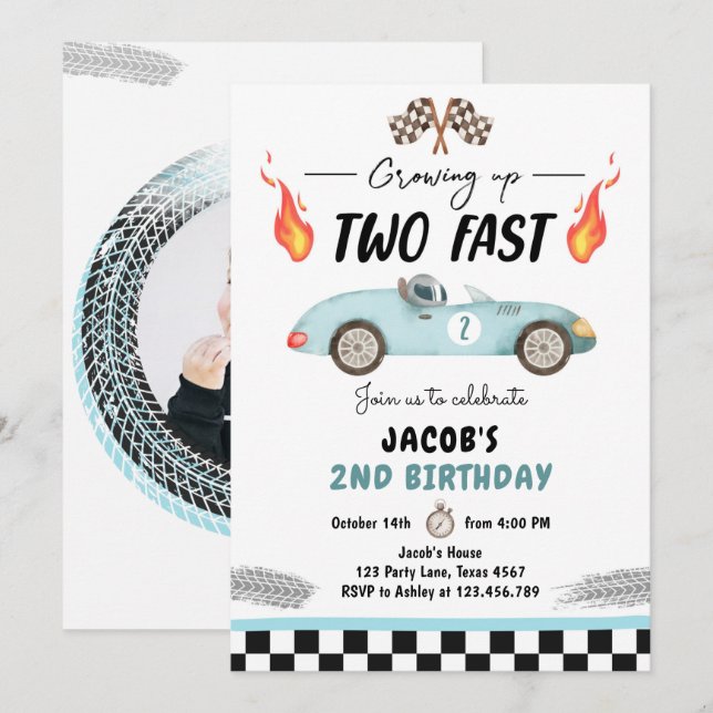 Zwei Fast Birthday Party Blue Race Auto 2. Geburts Einladung (Vorne/Hinten)