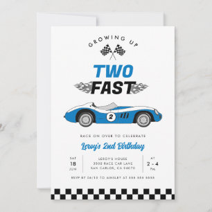 Zwei Fast Blue Vintag Race Car Boy 2. Geburtstag Einladung
