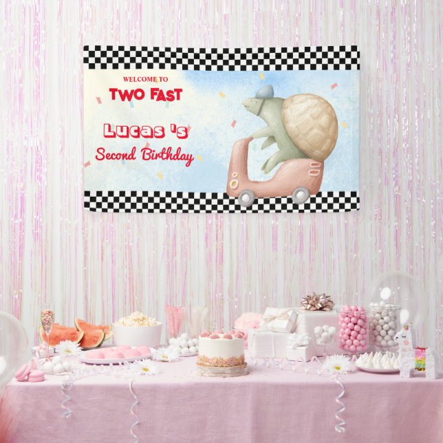 Zwei Fast Pink Turtle Bike Rennwagen 2. HBD Party Banner (Party)