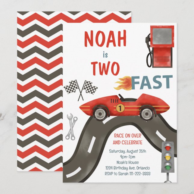 Zwei Fast Race Car Boy 2. Geburtstag Einladung (Vorne/Hinten)