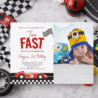 Zwei Fast Race Car Boy Foto 2. Geburtstag Party Einladung