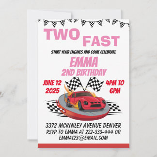 Zwei Fast Race Car Girl 2. Geburtstag Party Einladung