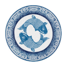 Zwei Fische Koi Carp Pisces Chinoiserie Blaues Mus Schneidebrett