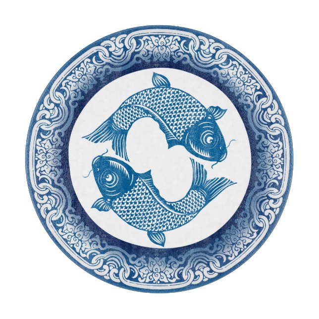 Zwei Fische Koi Carp Pisces Chinoiserie Blaues Mus Schneidebrett (Vorderseite)