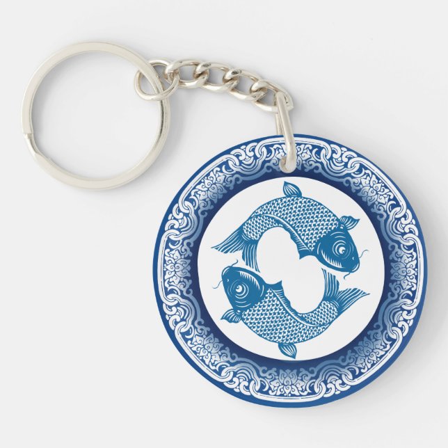 Zwei Fischfische Koi Carp Chinoiserie Blaues Muste Schlüsselanhänger (Vorderseite)