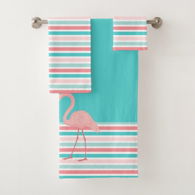 Zwei Flamingo-aquamariner rosa Streifen Badhandtuch Set (Insitu)