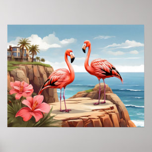 Zwei Flamingos auf einer Klippe Poster
