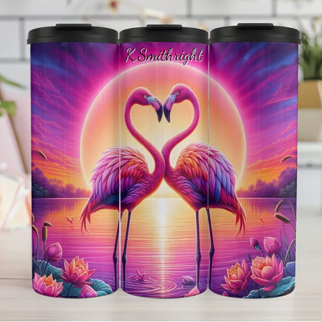 Zwei Flamingos Herz Sunset Lake Thermosbecher (Von Creator hochgeladen)