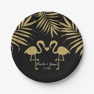 Zwei Flamingos lieben eine schwarze und goldene Ho Pappteller