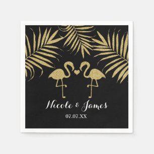 Zwei Flamingos lieben schwarze und goldene elegant Serviette