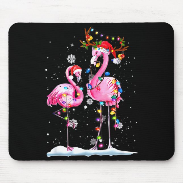 Zwei Flamingos mit Weihnachtsmannmütze und Lichter Mousepad (Vorne)
