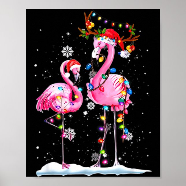 Zwei Flamingos mit Weihnachtsmannmütze und Lichter Poster (Vorne)