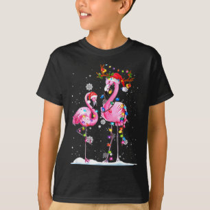 Zwei Flamingos mit Weihnachtsmannmütze und Lichter T-Shirt