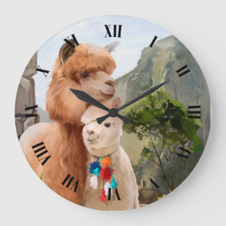 Zwei flauschige Alpakas am Seeufer Große Wanduhr