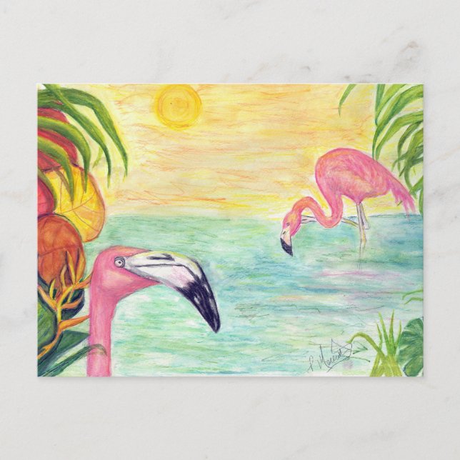 Zwei Florida Flamingos Wasserfarben Kunst und Kult Postkarte (Vorderseite)