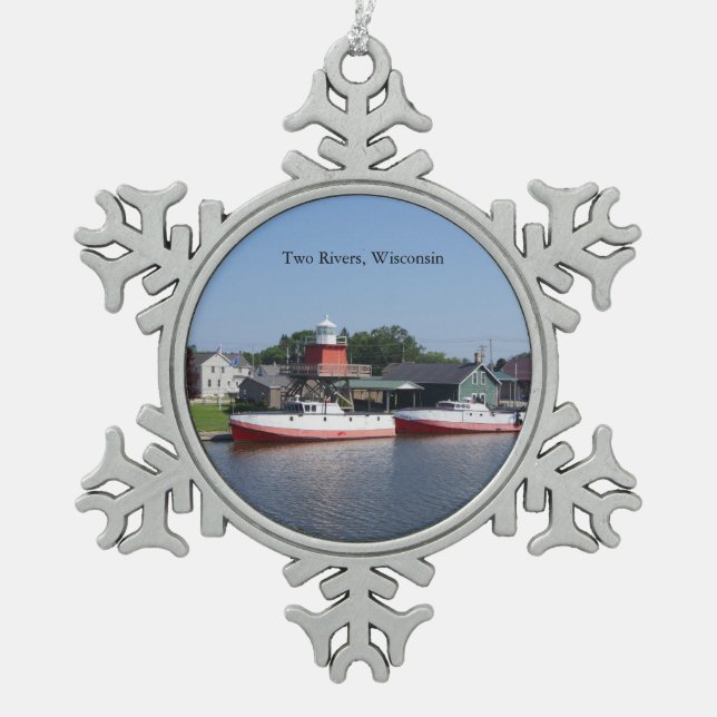 Zwei Flüsse, Schneeflocken von Wisconsin oder Kuge Zinn-Ornament (Vorderseite)