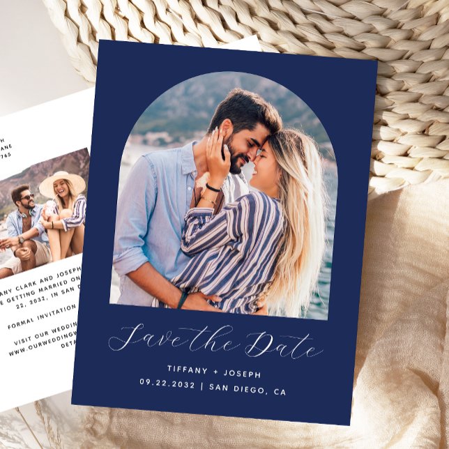 Zwei Foto Arch Navy Blue Save the Date Postkarte (Von Creator hochgeladen)