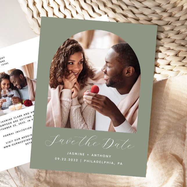 Zwei Foto Arch Sage Green QR-Code Save the Date Postkarte (Von Creator hochgeladen)