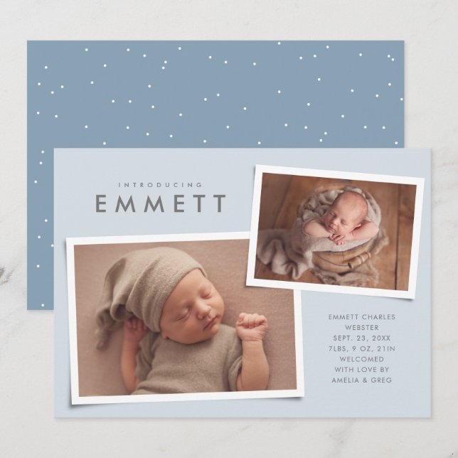 Zwei Foto Collage einfache Art blaue Geburt Ankündigung (Vorne/Hinten)