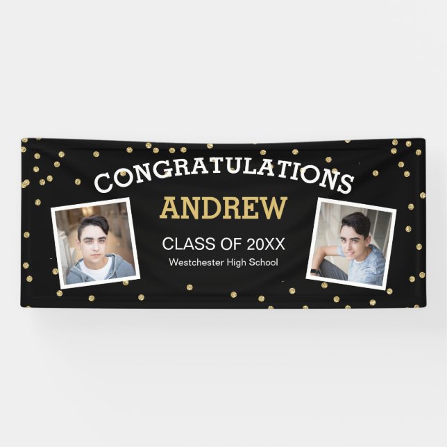 Zwei Foto Confetti Black Abschluss Banner (Horizontal)