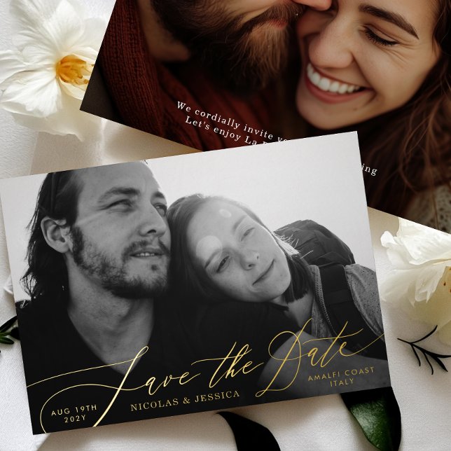 Zwei Foto La Dolce Vita Gold Save the Date Folieneinladung (Von Creator hochgeladen)