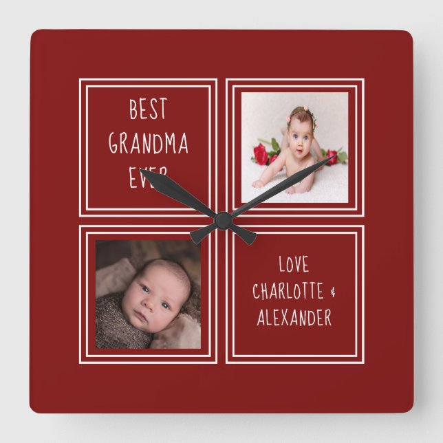 Zwei Foto Red Template Quadratische Wanduhr (Vorderseite)