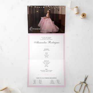 Zwei Foto Rosa Silhouette mit Moon Quinceanera Dreifach Gefaltete Einladung
