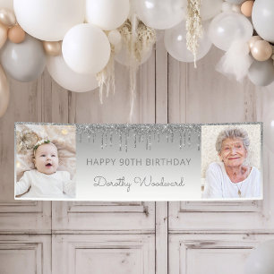 Zwei Foto Silber tropfender Glitter 90. Geburtstag Banner