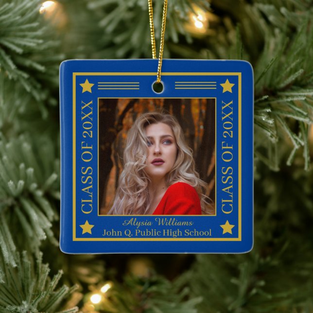 Zwei Fotos Blau | Gold Class Abschluss Keramikornament (Baum)