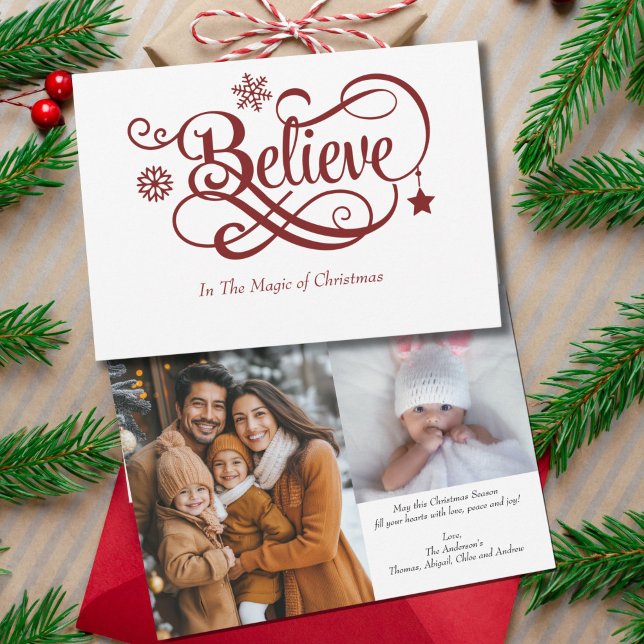 Zwei Fotos glauben, Red Snowflakes Weihnachtskarte (Believe Two Photo Christmas Card with personalized message)