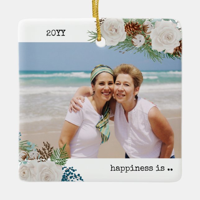 Zwei Fotos Glück ist Sie als Freund Rose Pine Keramikornament (Vorderseite)