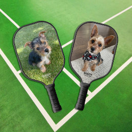 Zwei Fotos mit Namen und Telefonnummer des Haustie Pickleball Schläger