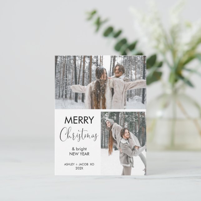 Zwei Fotos Moderne Minimalistische frohe Weihnacht Postkarte (Stehend Vorderseite)