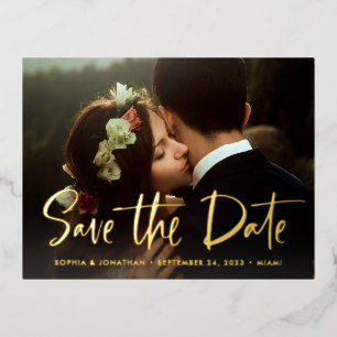 Zwei Fotos   Modernes Drehbuch Save the Date Gold Folie Einladungspostkarte
