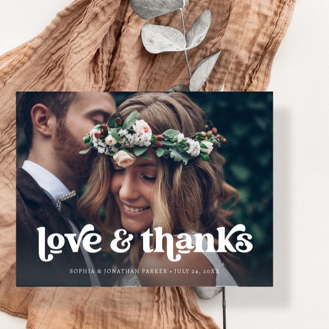 Zwei Fotos | Retro Boho Typografie Vielen Dank Ankündigungspostkarte (Von Creator hochgeladen)