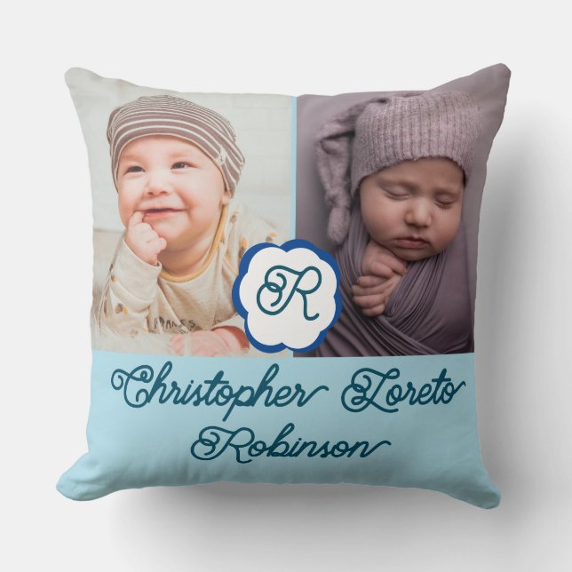 Zwei Fotos & Vollständiger Name & Monogram Baby Kissen (Vorderseite)