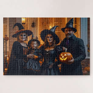 Zwei Frauen, ein Mann und ein Mädchen zu Halloween
