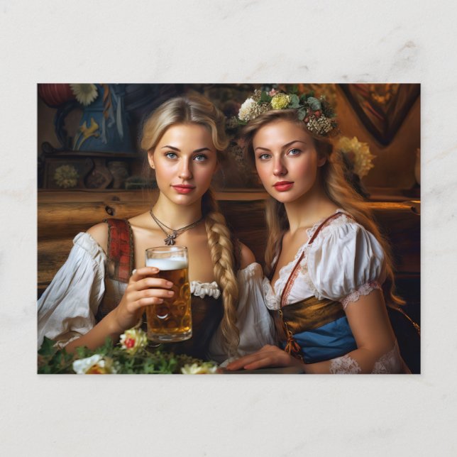 Zwei Frauen im Dirndl. Bier. Bayern Postkarte (Vorderseite)
