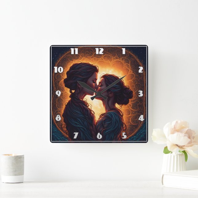 Zwei Frauen in der Abenddämmerung küssen Quadratische Wanduhr (Zuhause)