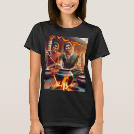 zwei Frauen sitzen um ein Feuer mit Töpfen und Pfa T-Shirt