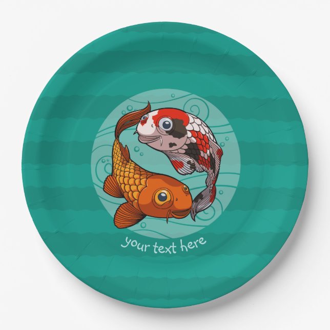 Zwei freundlicher Koi Carp Cartoon mit Text Pappteller (Vorderseite)