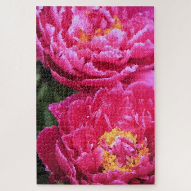 Zwei Fuchsia Peony Blooms Gemälde (Vertikal)