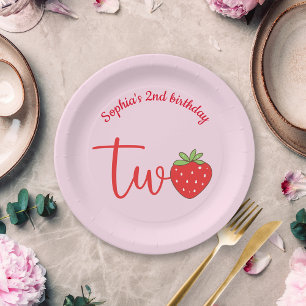 Zwei Geburtstag Pink Erdbeere Pappteller