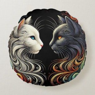 Zwei gegensätzliche Cat Faces mit lebendigen Wirbe Rundes Kissen