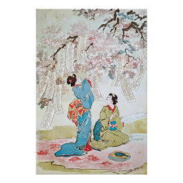 Zwei Geishas unter einem blühenden Kirschbaum Poster