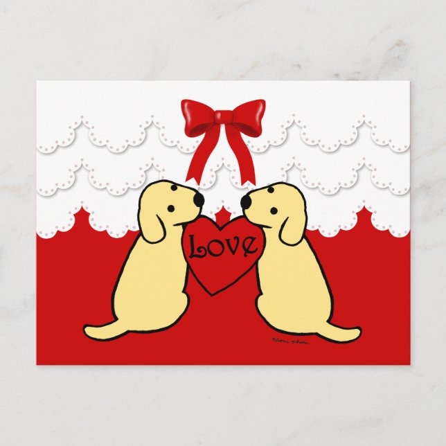 Zwei gelbe Labradore mit Liebe Cartoon Lace Postkarte (Vorderseite)