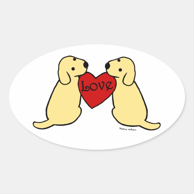 Zwei gelbe Labradore mit Liebe Cartoon Oval Ovaler Aufkleber (Vorderseite)